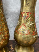Load image into Gallery viewer, Pair of Vintage Moroccan Brass Vases - Engraved and Hand Painted