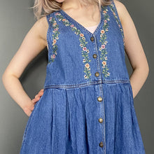 Load image into Gallery viewer, Vintage 90s Denim Floral Embroidered Sleeveless Dress