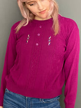 Load image into Gallery viewer, Vintage 80s Fuchsia Pink Knitted Button Top Embroidered Jumper