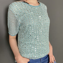Load image into Gallery viewer, Vintage Mid 80s Pale Blue Sequin Glitter Crochet Sparkle T-Shirt Top by Jacques Vert