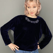 Load image into Gallery viewer, Vintage 80s Dark Midnight Blue Velvet Long Sleeve Embroidered Top