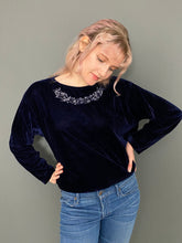 Load image into Gallery viewer, Vintage 80s Dark Midnight Blue Velvet Long Sleeve Embroidered Top