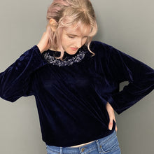 Load image into Gallery viewer, Vintage 80s Dark Midnight Blue Velvet Long Sleeve Embroidered Top