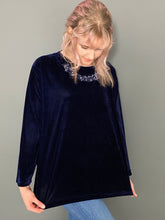 Load image into Gallery viewer, Vintage 80s Dark Midnight Blue Velvet Long Sleeve Embroidered Top