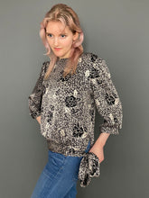 Load image into Gallery viewer, Vintage 80s Silky Long Sleeve Black & White Print Blouse Top With Side Tie by Dorothy Perkins