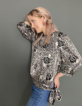 Load image into Gallery viewer, Vintage 80s Silky Long Sleeve Black & White Print Blouse Top With Side Tie by Dorothy Perkins