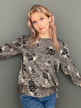 Load image into Gallery viewer, Vintage 80s Silky Long Sleeve Black & White Print Blouse Top With Side Tie by Dorothy Perkins