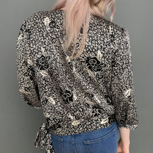 Load image into Gallery viewer, Vintage 80s Silky Long Sleeve Black & White Print Blouse Top With Side Tie by Dorothy Perkins