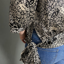 Load image into Gallery viewer, Vintage 80s Silky Long Sleeve Black & White Print Blouse Top With Side Tie by Dorothy Perkins