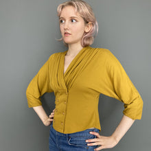 Load image into Gallery viewer, Vintage Late 80s Mustard Yellow Double Breasted Button Top with 3/4 Sleeves by Etam