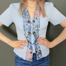 Load image into Gallery viewer, Vintage 80s Pale Blue Button & Chain Floral Lace Detailed Blouse Shirt Top