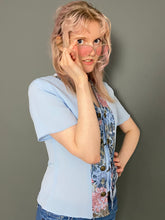 Load image into Gallery viewer, Vintage 80s Pale Blue Button & Chain Floral Lace Detailed Blouse Shirt Top