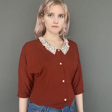 Load image into Gallery viewer, Vintage 80s Rust Coloured 3/4 Sleeve Button Blouse Top With Lace Collar
