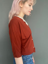 Load image into Gallery viewer, Vintage 80s Rust Coloured 3/4 Sleeve Button Blouse Top With Lace Collar