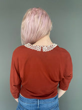 Load image into Gallery viewer, Vintage 80s Rust Coloured 3/4 Sleeve Button Blouse Top With Lace Collar