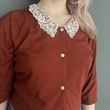 Load image into Gallery viewer, Vintage 80s Rust Coloured 3/4 Sleeve Button Blouse Top With Lace Collar