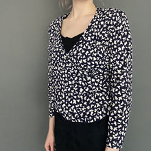 Load image into Gallery viewer, Vintage 90s Navy Blue & White Wrap Peplum Top