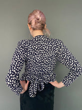 Load image into Gallery viewer, Vintage 90s Navy Blue & White Wrap Peplum Top