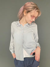 Load image into Gallery viewer, Vintage 80s Light Grey Sexy Silky Button Shirt Top With Lace Detail Collar