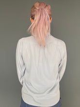 Load image into Gallery viewer, Vintage 80s Light Grey Sexy Silky Button Shirt Top With Lace Detail Collar