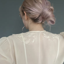 Load image into Gallery viewer, Vintage 80s Sheer Nude Long Sleeve Button Blouse Top With Lace Collar