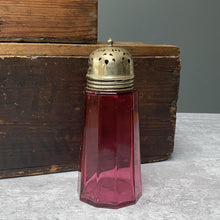Load image into Gallery viewer, Antique Vintage Cranberry Glass Sugar Shaker, Sifter, Muffineer with EPNS Lid
