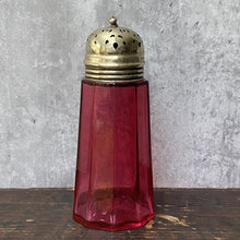 Load image into Gallery viewer, Antique Vintage Cranberry Glass Sugar Shaker, Sifter, Muffineer with EPNS Lid