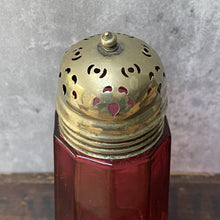 Load image into Gallery viewer, Antique Vintage Cranberry Glass Sugar Shaker, Sifter, Muffineer with EPNS Lid