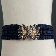 Load image into Gallery viewer, Vintage 80s Brass & Enamel Flower Buckle Blue Elasticated Belt