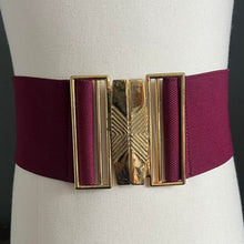 Load image into Gallery viewer, Vintage 80s Gold Buckle Burgundy Elasticated Belt