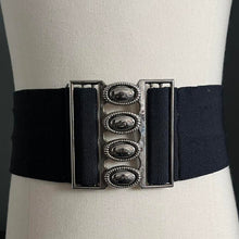Load image into Gallery viewer, Vintage 80s Silver Buckle Black Elasticated Belt