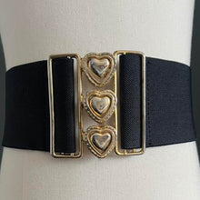 Load image into Gallery viewer, Vintage 80s Gold Heart Buckle Black Elasticated Belt