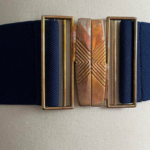 Load image into Gallery viewer, Vintage 80s Brass Buckle Blue Elasticated Belt