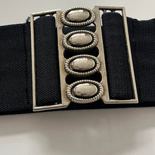Load image into Gallery viewer, Vintage 80s Silver Buckle Black Elasticated Belt