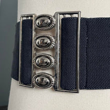 Load image into Gallery viewer, Vintage 80s Silver Buckle Black Elasticated Belt