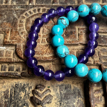 Load image into Gallery viewer, Pair of natural crystal gemstone stacking bracelets with sun charm - Amethyst & Turquoise