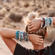 Load image into Gallery viewer, Trio of natural crystal gemstone stacking bracelets with charms - Aquamarine - Turquoise - Rose Quartz