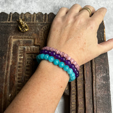 Load image into Gallery viewer, Trio of natural crystal gemstone stacking bracelets - Amethyst - Turquoise - Rose Quartz