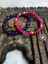 Load image into Gallery viewer, Pair of natural crystal gemstone stacking bracelets with sun charm - Amethyst & Watermelon Jade
