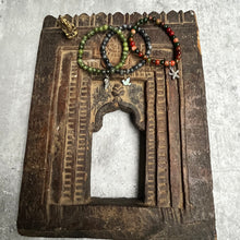 Load image into Gallery viewer, Trio of natural crystal gemstone stacking bracelets with charms - Green Jade - Black Moonstone