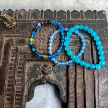 Load image into Gallery viewer, Trio of natural blue crystal gemstone stacking bracelets with moon charm