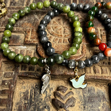 Load image into Gallery viewer, Trio of natural crystal gemstone stacking bracelets with charms - Green Jade - Black Moonstone