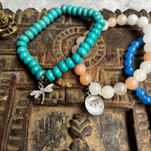 Load image into Gallery viewer, Trio of natural crystal gemstone stacking bracelets with charms - Aquamarine - Turquoise - Rose Quartz