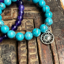 Load image into Gallery viewer, Pair of natural crystal gemstone stacking bracelets with sun charm - Amethyst & Turquoise