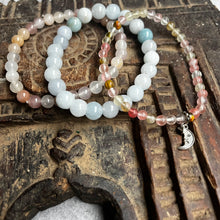 Load image into Gallery viewer, Trio of natural crystal gemstone stacking bracelets with moon charm