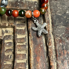 Load image into Gallery viewer, Trio of natural crystal gemstone stacking bracelets with charms - Green Jade - Black Moonstone