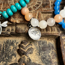 Load image into Gallery viewer, Trio of natural crystal gemstone stacking bracelets with charms - Aquamarine - Turquoise - Rose Quartz