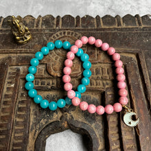 Load image into Gallery viewer, Pair of crystal stacking bracelets with moon charm - Turquoise & Pink Rhodonite