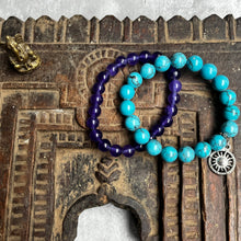 Load image into Gallery viewer, Pair of natural crystal gemstone stacking bracelets with sun charm - Amethyst & Turquoise
