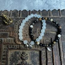 Load image into Gallery viewer, Pair of natural crystal gemstone stacking bracelets with moon & lotus seed/flower charms